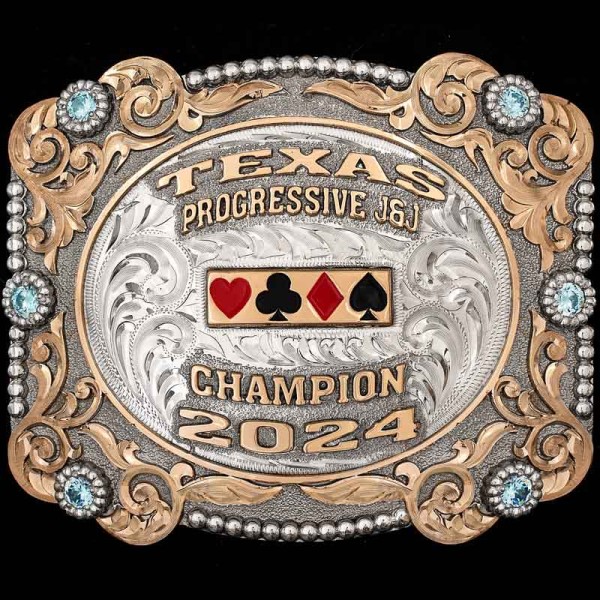 "Our Stunning Cattle Pen Buckle is designed with a striking blend of elegance and boldness, crafted for a true champion. This Buckle is crafted on a hand-engraved, German Silver base with a natural finish. The beautiful Jeweler's Bronze overlays and 